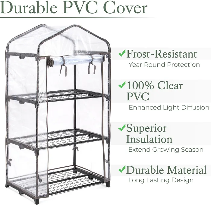 3 Tier Mini Greenhouse PVC Cover Garden Grow House Three Shelves Roll Door
