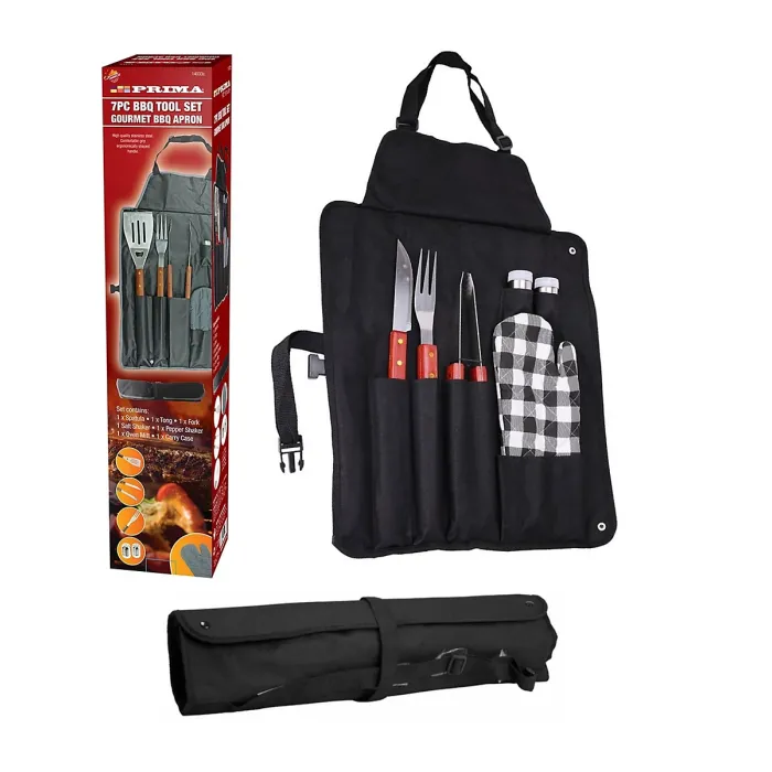 BBQ Apron Cooking Tool Set 7pc Oven Glove Tongs Spatula Salt Pepper Shaker