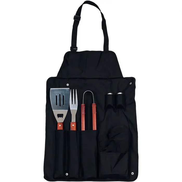 BBQ Apron Cooking Tool Set 7pc Oven Glove Tongs Spatula Salt Pepper Shaker