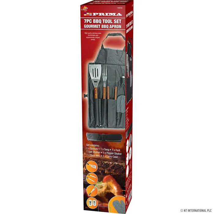 BBQ Apron Cooking Tool Set 7pc Oven Glove Tongs Spatula Salt Pepper Shaker