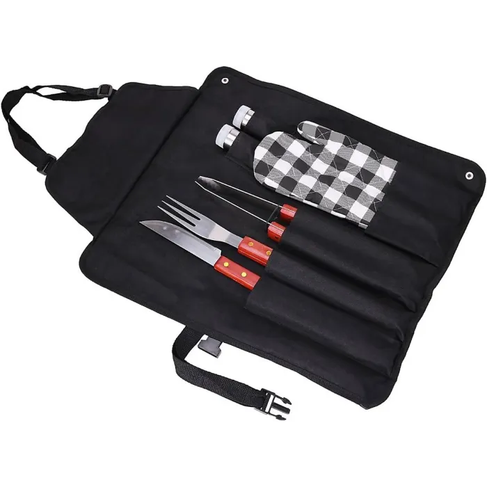 BBQ Apron Cooking Tool Set 7pc Oven Glove Tongs Spatula Salt Pepper Shaker