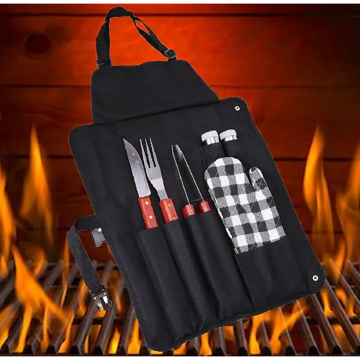 BBQ Apron Cooking Tool Set 7pc Oven Glove Tongs Spatula Salt Pepper Shaker