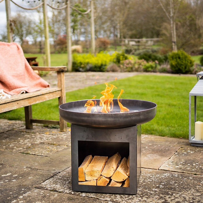 Laguna Fire Pit Bowl & Log Store - Weatherproof Metal Outdoor Garden Log Wood Burner with Brushed Oil Finish - H50 x 60cm Diameter