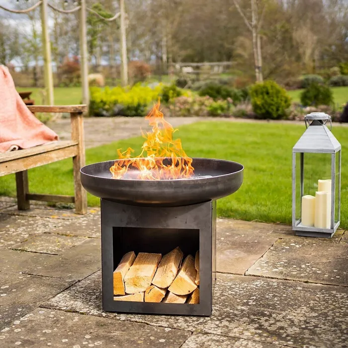 Laguna Fire Pit Bowl & Log Store - Weatherproof Metal Outdoor Garden Log Wood Burner with Brushed Oil Finish - H50 x 60cm Diameter