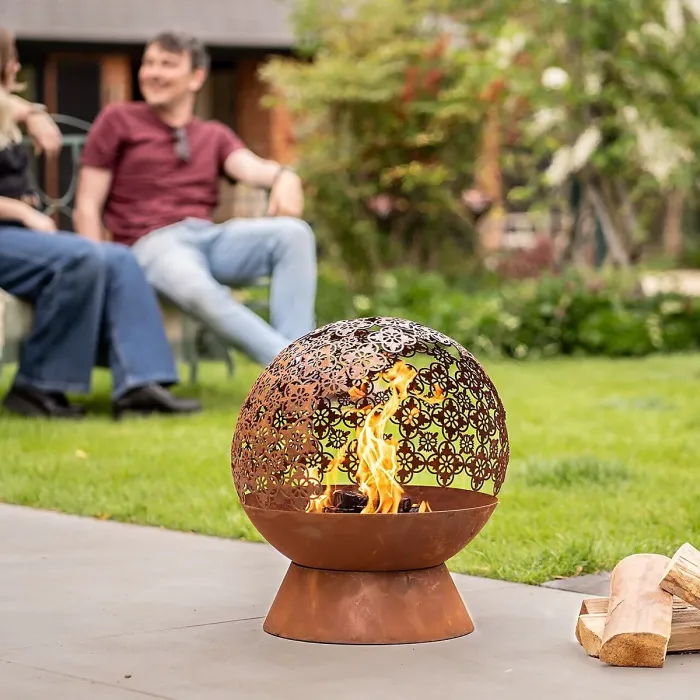 Damasque Globe Fire Pit Bowl - Weatherproof Oxidised Metal Modern Outdoor Garden Log Wood Burner with Cut-Out Design - H61 x 46cm
