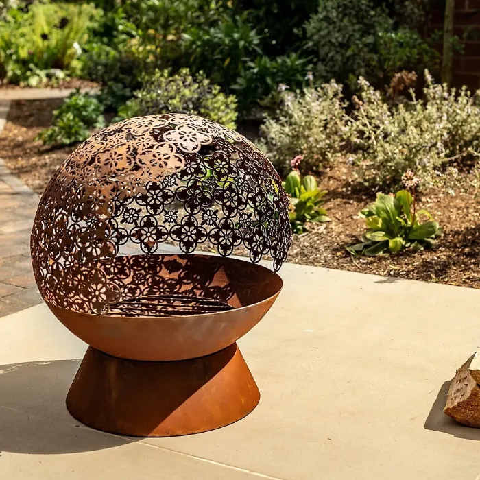 Damasque Globe Fire Pit Bowl - Weatherproof Oxidised Metal Modern Outdoor Garden Log Wood Burner with Cut-Out Design - H61 x 46cm