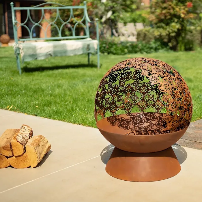 Damasque Globe Fire Pit Bowl - Weatherproof Oxidised Metal Modern Outdoor Garden Log Wood Burner with Cut-Out Design - H61 x 46cm