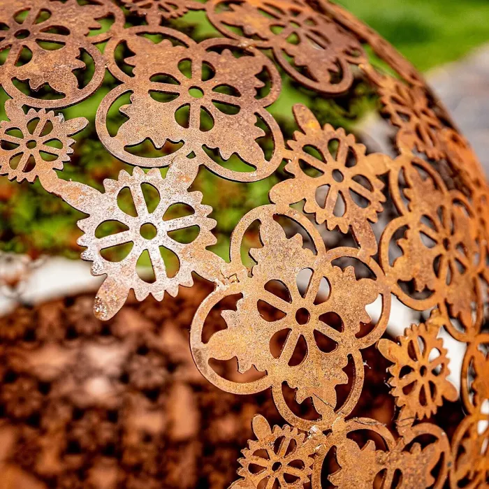 Damasque Globe Fire Pit Bowl - Weatherproof Oxidised Metal Modern Outdoor Garden Log Wood Burner with Cut-Out Design - H61 x 46cm