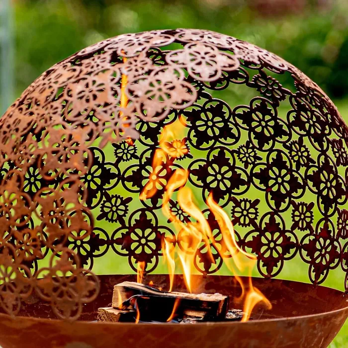 Damasque Globe Fire Pit Bowl - Weatherproof Oxidised Metal Modern Outdoor Garden Log Wood Burner with Cut-Out Design - H61 x 46cm