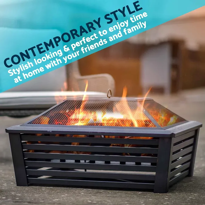 35" Square Outdoor Fire Pit, Mesh Screen Lid, Black - DG43
