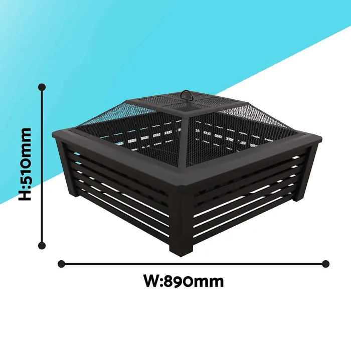 35" Square Outdoor Fire Pit, Mesh Screen Lid, Black - DG43