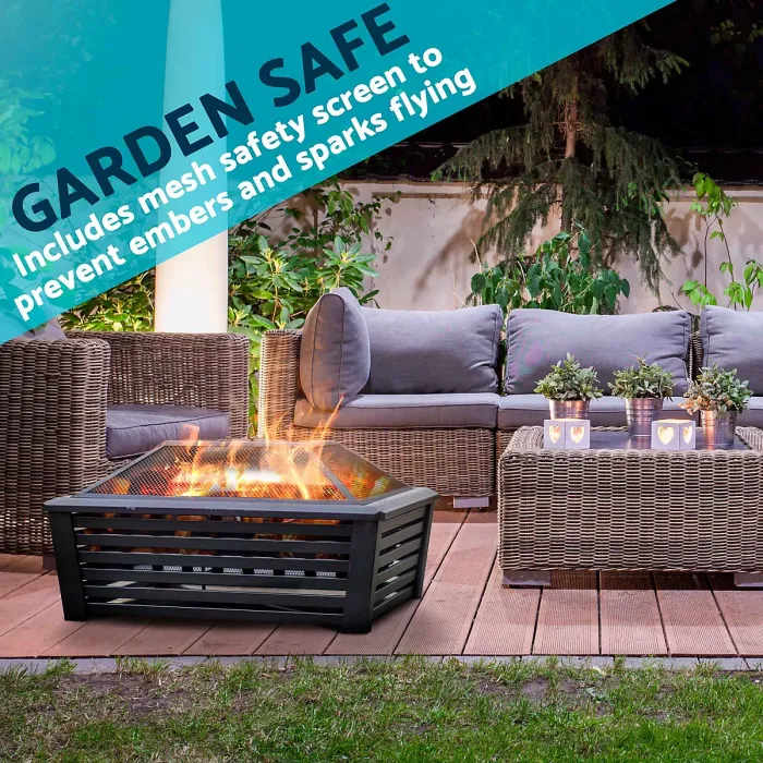 35" Square Outdoor Fire Pit, Mesh Screen Lid, Black - DG43