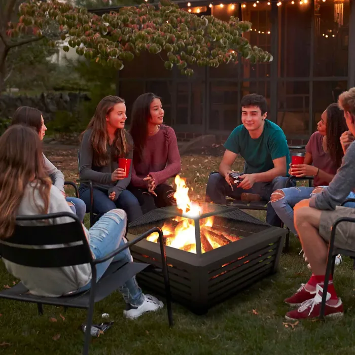 35" Square Outdoor Fire Pit, Mesh Screen Lid, Black - DG43