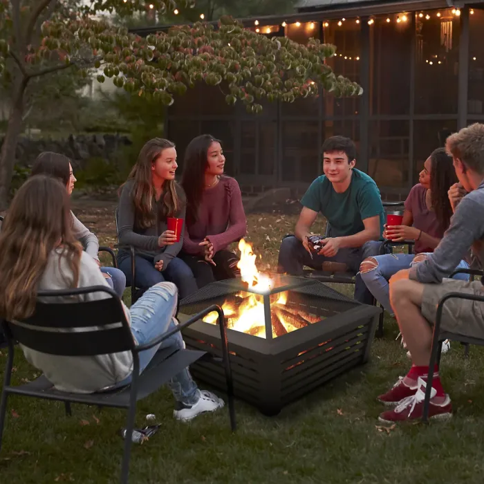 35" Square Outdoor Fire Pit, Mesh Screen Lid, Black - DG43