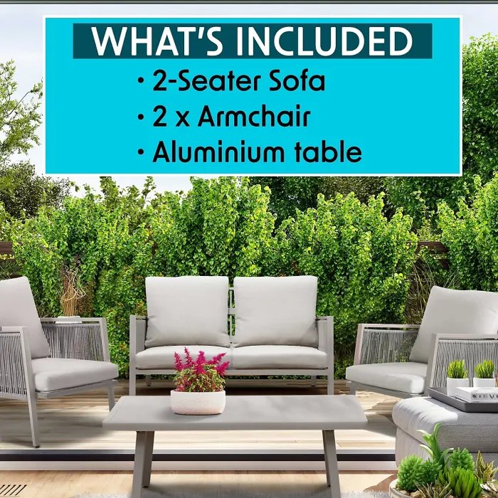 Dellonda Fusion Aluminium 4 Piece Outdoor Sofa, Chairs & Table Set, Light Grey
