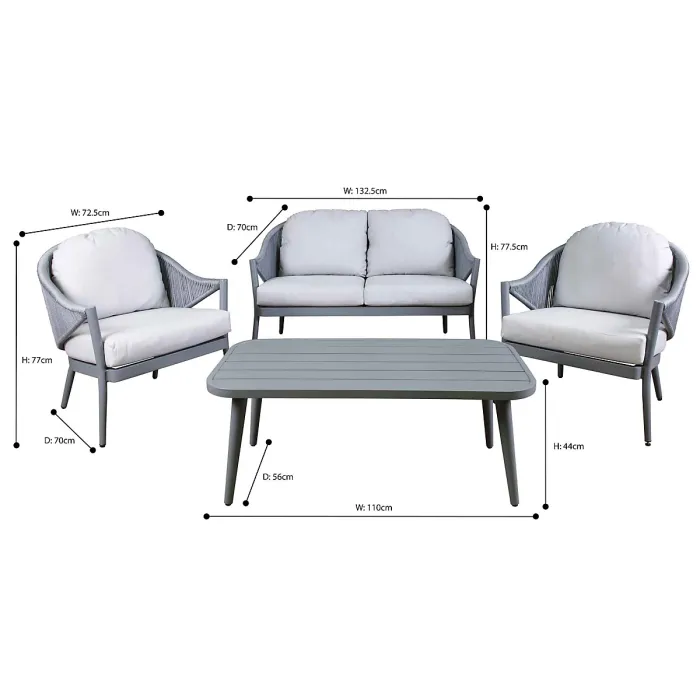 Dellonda Echo 4 Piece Aluminium Outdoor Garden Sofa Arm Chair & Table Set, Grey