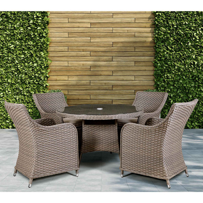 Dellonda Chester 5 Piece Rattan Garden Furniture Dining Set, Glass Table, Brown