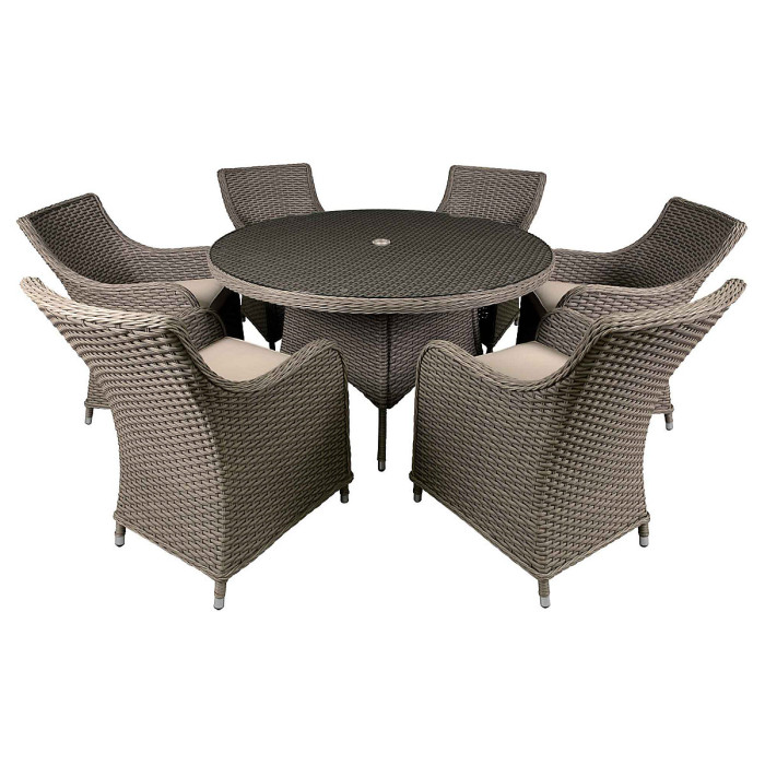 Dellonda Chester 7 Piece Rattan Garden Furniture Dining Set, Glass Table, Brown