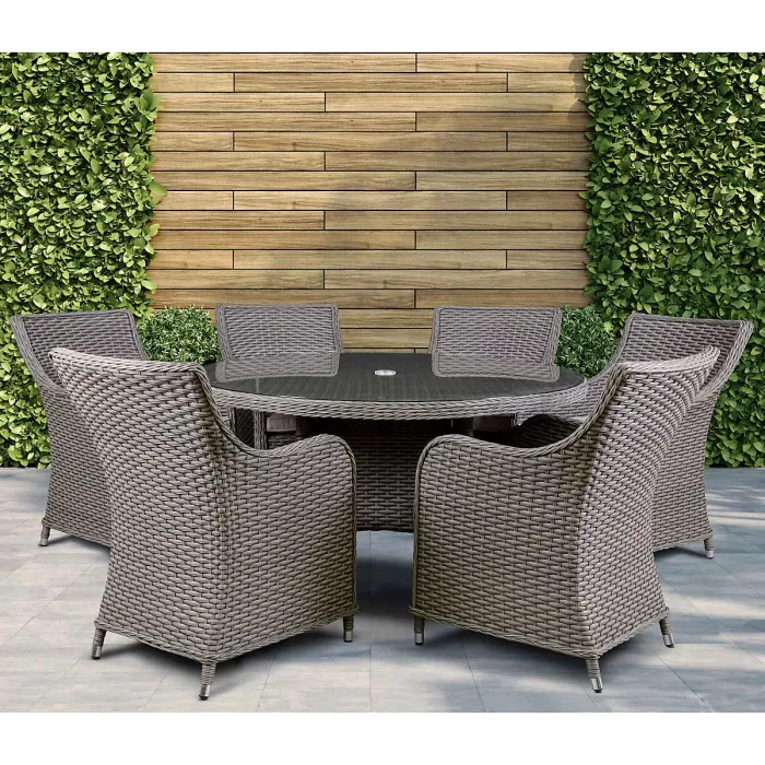 Dellonda Chester 7 Piece Rattan Garden Furniture Dining Set, Glass Table, Brown