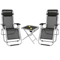 Taylor & Brown Zero Gravity Chair Set of 3 Black Reclining Sunloungers with Headrest & Folding Table for Garden & Beach