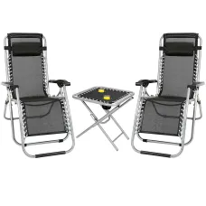 Taylor & Brown Zero Gravity Chair Set of 3 Black Reclining Sunloungers with Headrest & Folding Table for Garden & Beach
