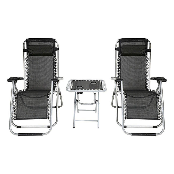 Taylor & Brown Zero Gravity Chair Set of 3 Black Reclining Sunloungers with Headrest & Folding Table for Garden & Beach