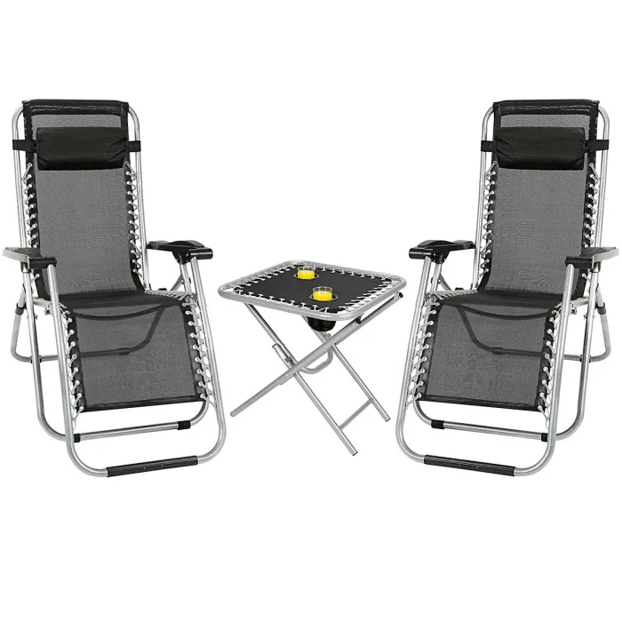 Taylor & Brown Zero Gravity Chair Set of 3 Black Reclining Sunloungers with Headrest & Folding Table for Garden & Beach
