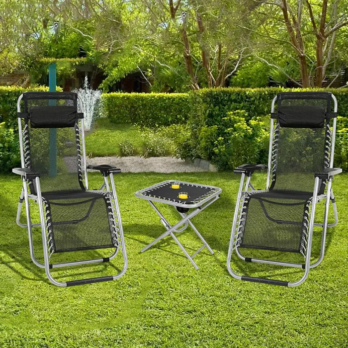 Taylor & Brown Zero Gravity Chair Set of 3 Black Reclining Sunloungers with Headrest & Folding Table for Garden & Beach