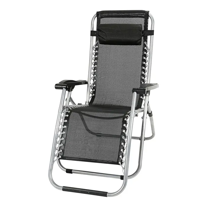 Taylor & Brown Zero Gravity Chair Set of 3 Black Reclining Sunloungers with Headrest & Folding Table for Garden & Beach