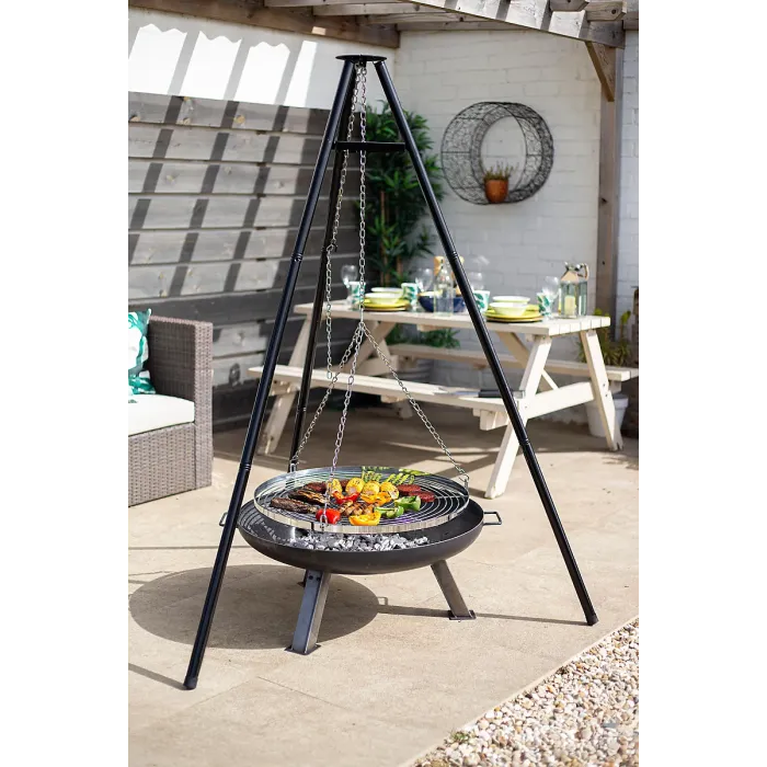 La Hacienda Tripod With Adjustable Chrome Hanging Grill - L 108 cm x W 128 cm x H 172 cm
