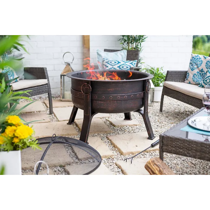 La Hacienda Brava Steel Banded Deep Bowl Firepit - L 80 cm x W 80 cm x H 72 cm