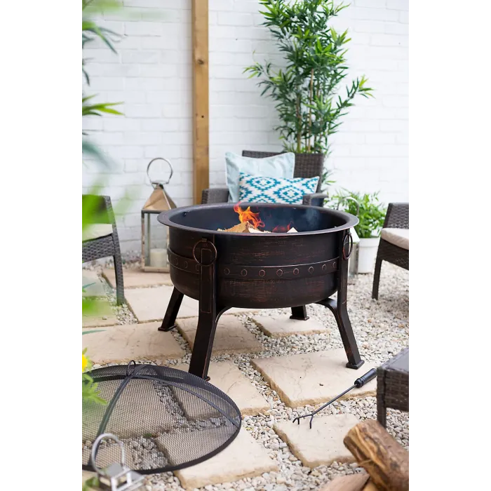 La Hacienda Brava Steel Banded Deep Bowl Firepit - L 80 cm x W 80 cm x H 72 cm