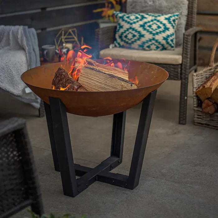 La Hacienda Icarus Oxidised Cast Iron Firepit with Steel Legs, 50cm x 66cm, Natural Rusted & Black