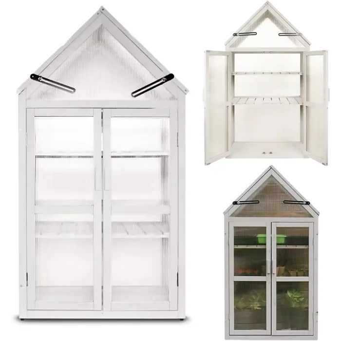 AMOS Outdoor Wooden Greenhouse Grow House Cold Frame with 2 Removable Shelves, 2 Doors, & Flip-Top Roof, Ideal for Garden Planter