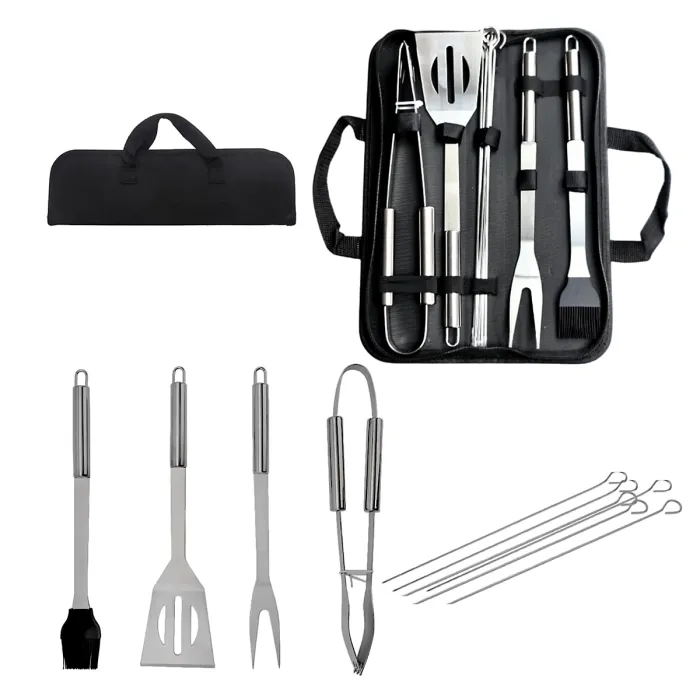 AMOS Stainless Steel Barbeque Utensils Set BBQ Grill Tools Kit Accessories 11pcs With Carry Case Outdoor Cooking Camping Travel