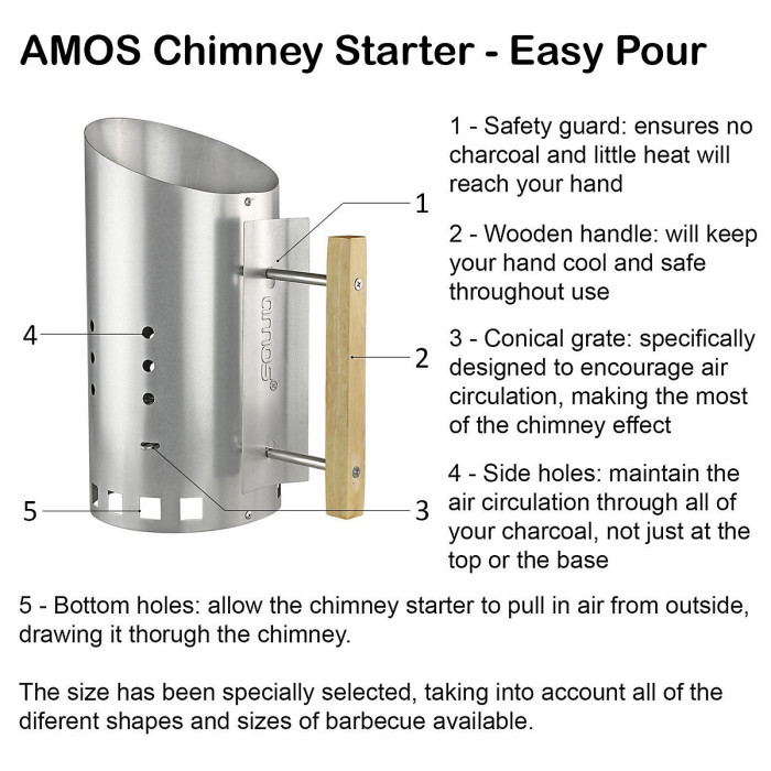 AMOS Easy Pouring Steel Charcoal Chimney Starter with Handle Barbecue Lightning Kit