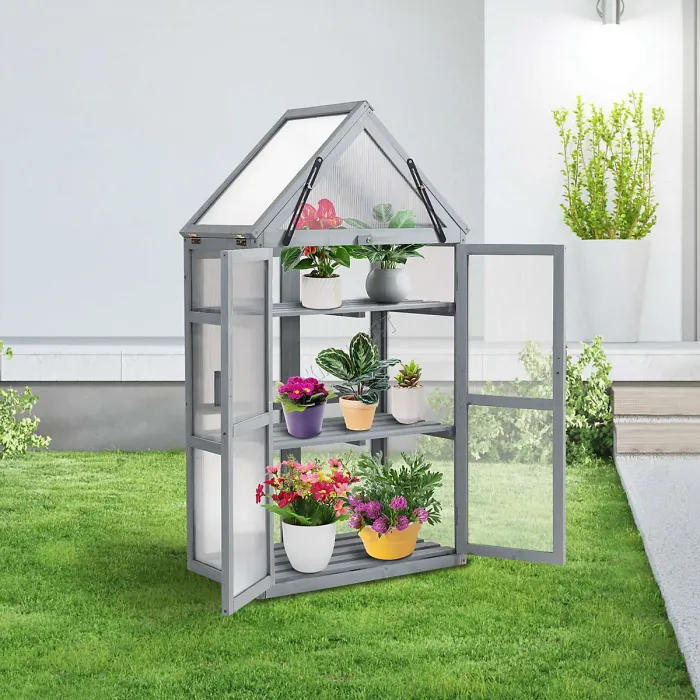 Birchtree Outdoor Large Grey Wooden Frame Greenhouse Plants Openable Apex Roof Doors