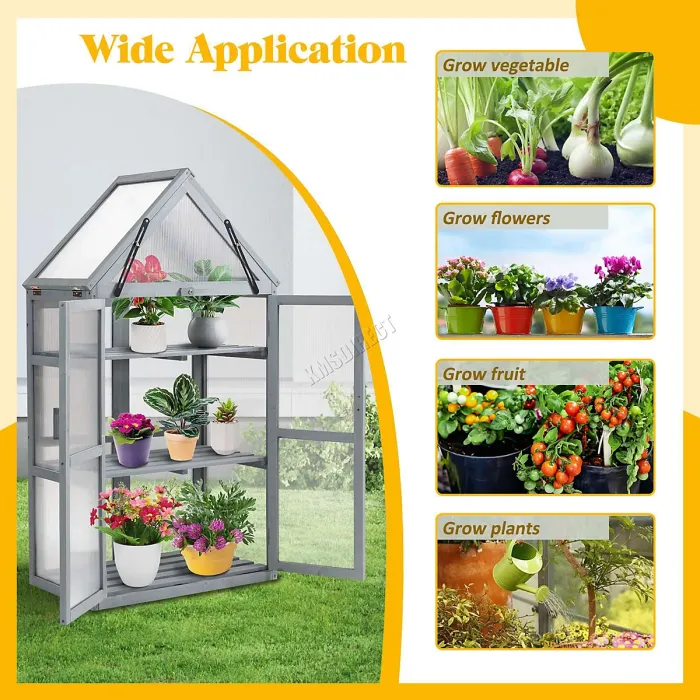 Birchtree Outdoor Large Grey Wooden Frame Greenhouse Plants Openable Apex Roof Doors