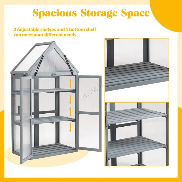 Birchtree Outdoor Large Grey Wooden Frame Greenhouse Plants Openable Apex Roof Doors