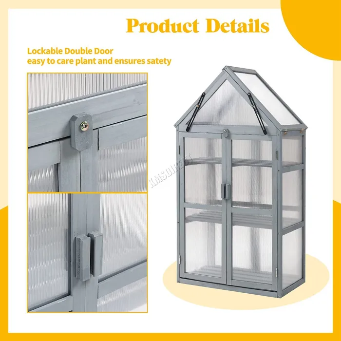 Birchtree Outdoor Large Grey Wooden Frame Greenhouse Plants Openable Apex Roof Doors