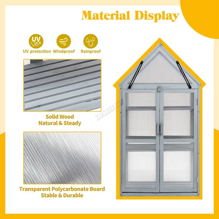 Birchtree Outdoor Large Grey Wooden Frame Greenhouse Plants Openable Apex Roof Doors