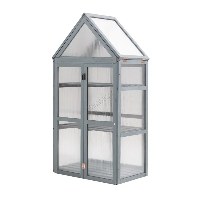 Birchtree Outdoor Large Grey Wooden Frame Greenhouse Plants Openable Apex Roof Doors