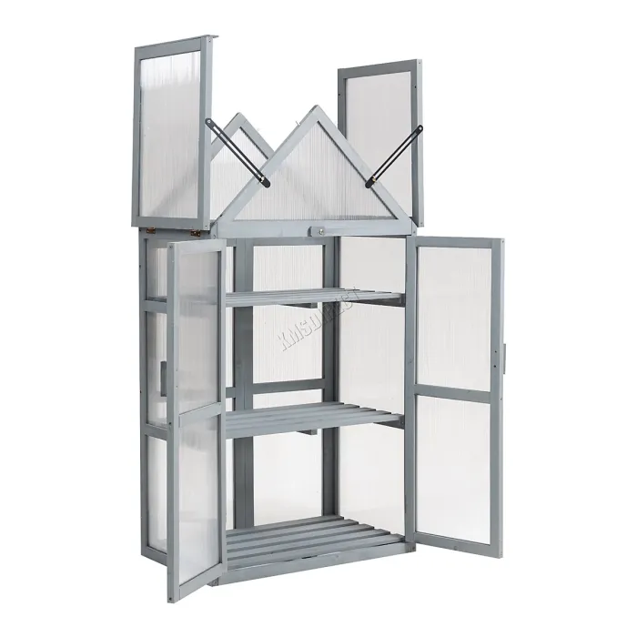 Birchtree Outdoor Large Grey Wooden Frame Greenhouse Plants Openable Apex Roof Doors