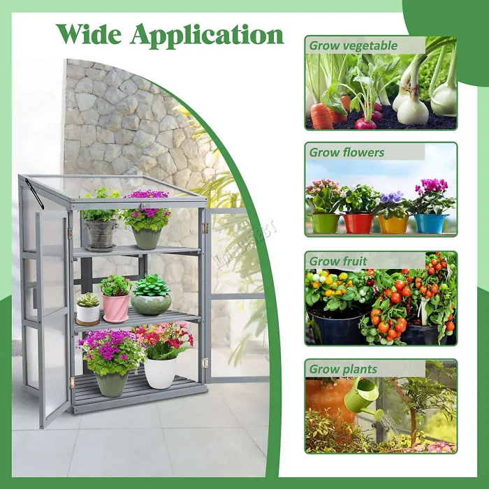 Birchtree Outdoor Large Grey Wooden Frame Greenhouse Plants Growhouse Openable Roof Doors