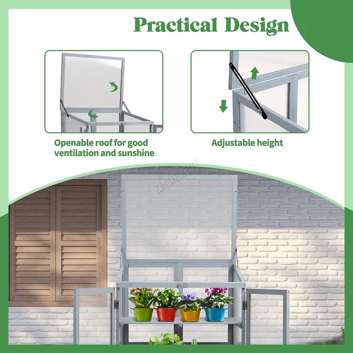 Birchtree Outdoor Large Grey Wooden Frame Greenhouse Plants Growhouse Openable Roof Doors