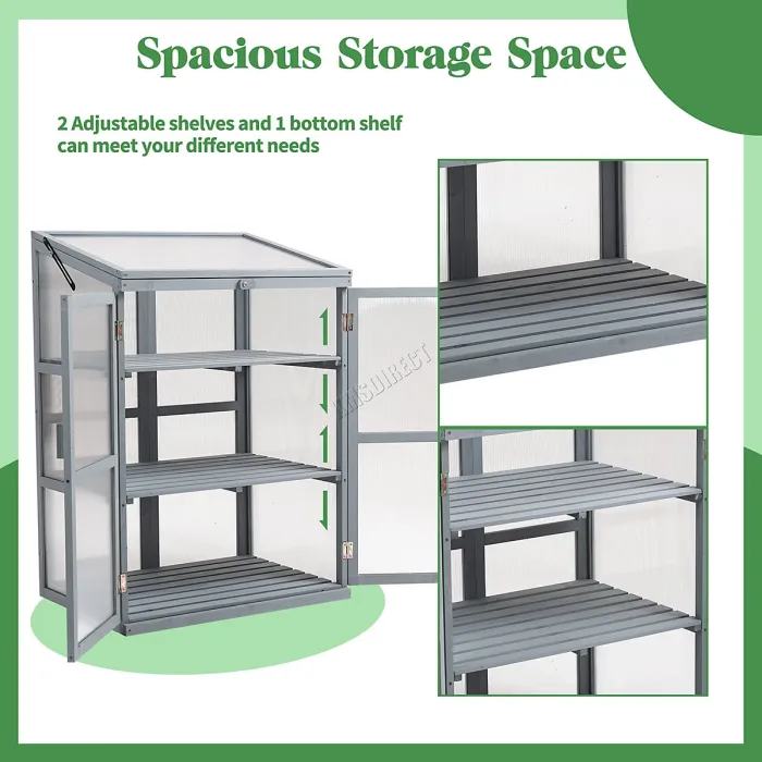 Birchtree Outdoor Large Grey Wooden Frame Greenhouse Plants Growhouse Openable Roof Doors