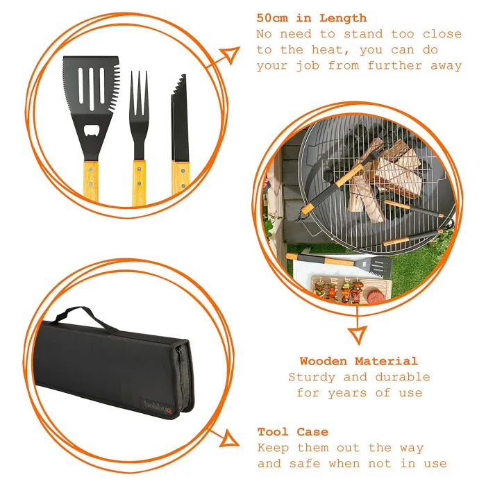 BobbyQ 3pc Wooden BBQ Tool Set - Orange Rope