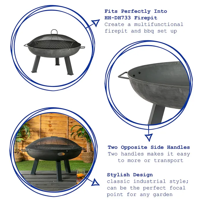 Harbour Housewares Round Fire Pit BBQ Grill - 72.5cm - Grey