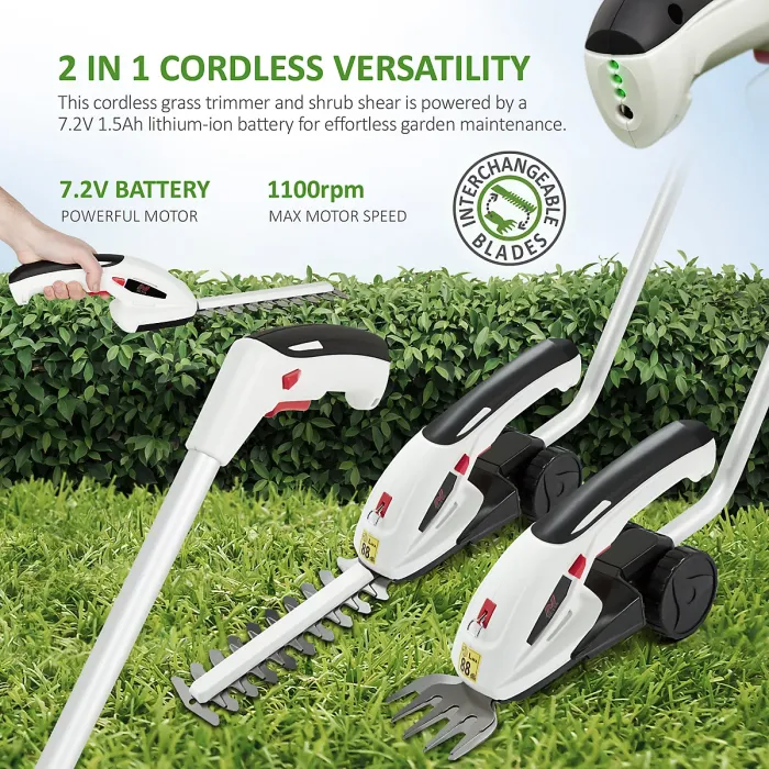 NETTA 7.2V Cordless 2 in 1 LithiumIon Grass and Hedge Trimmer, Edging and Shrub Shear, With Telescopic Pole Handle