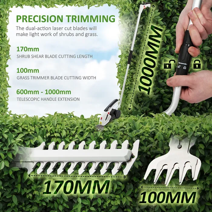 NETTA 7.2V Cordless 2 in 1 LithiumIon Grass and Hedge Trimmer, Edging and Shrub Shear, With Telescopic Pole Handle